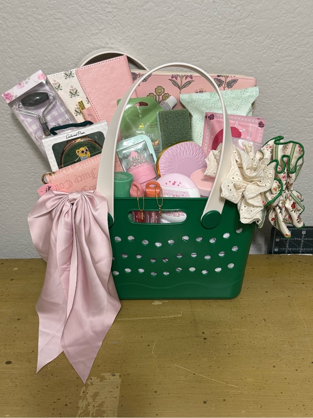 Green Tote Gift Basket with Pink Accents
